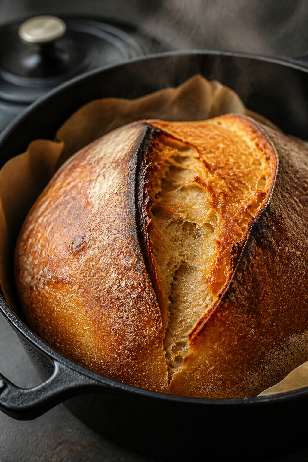 Close-up detail, cooking process: A just-baked sourdough boule inside an open Dutch oven, lid set as