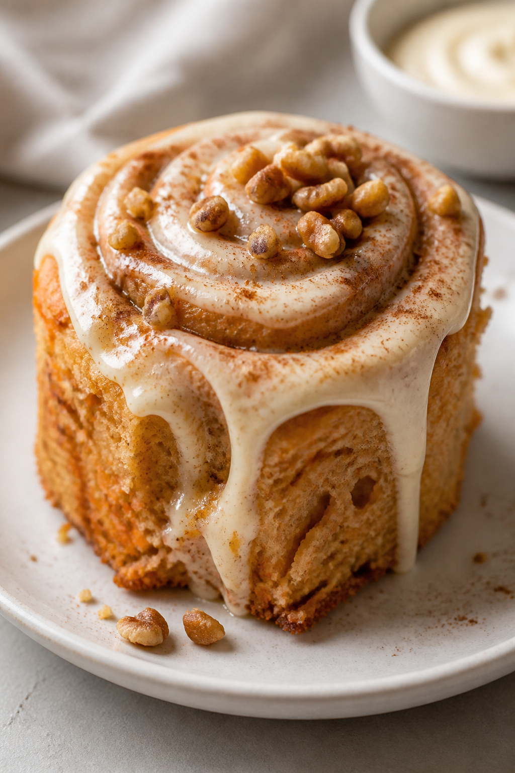 Close-up detail of a single carrot cake cinnamon roll served on a matte white plate, generously fros