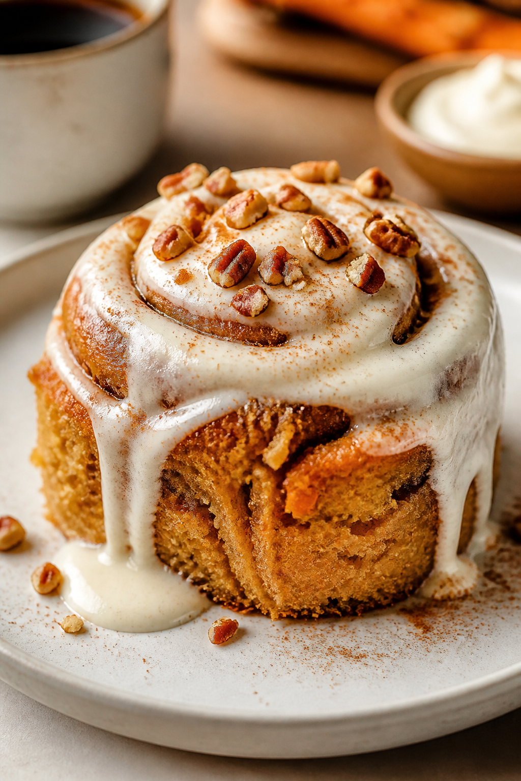 Close-up detail of a single plated carrot cake cinnamon roll on a matte white dessert plate, fully f