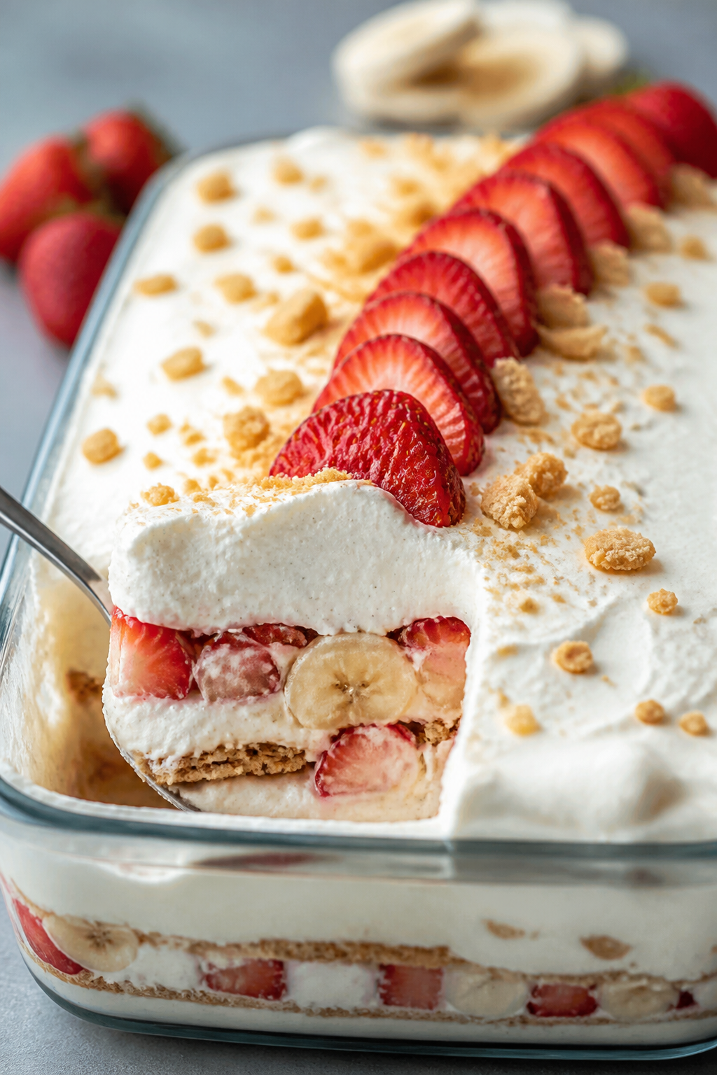 Close-up final presentation of chilled strawberry banana pudding served in a 9x13 pan with a corner