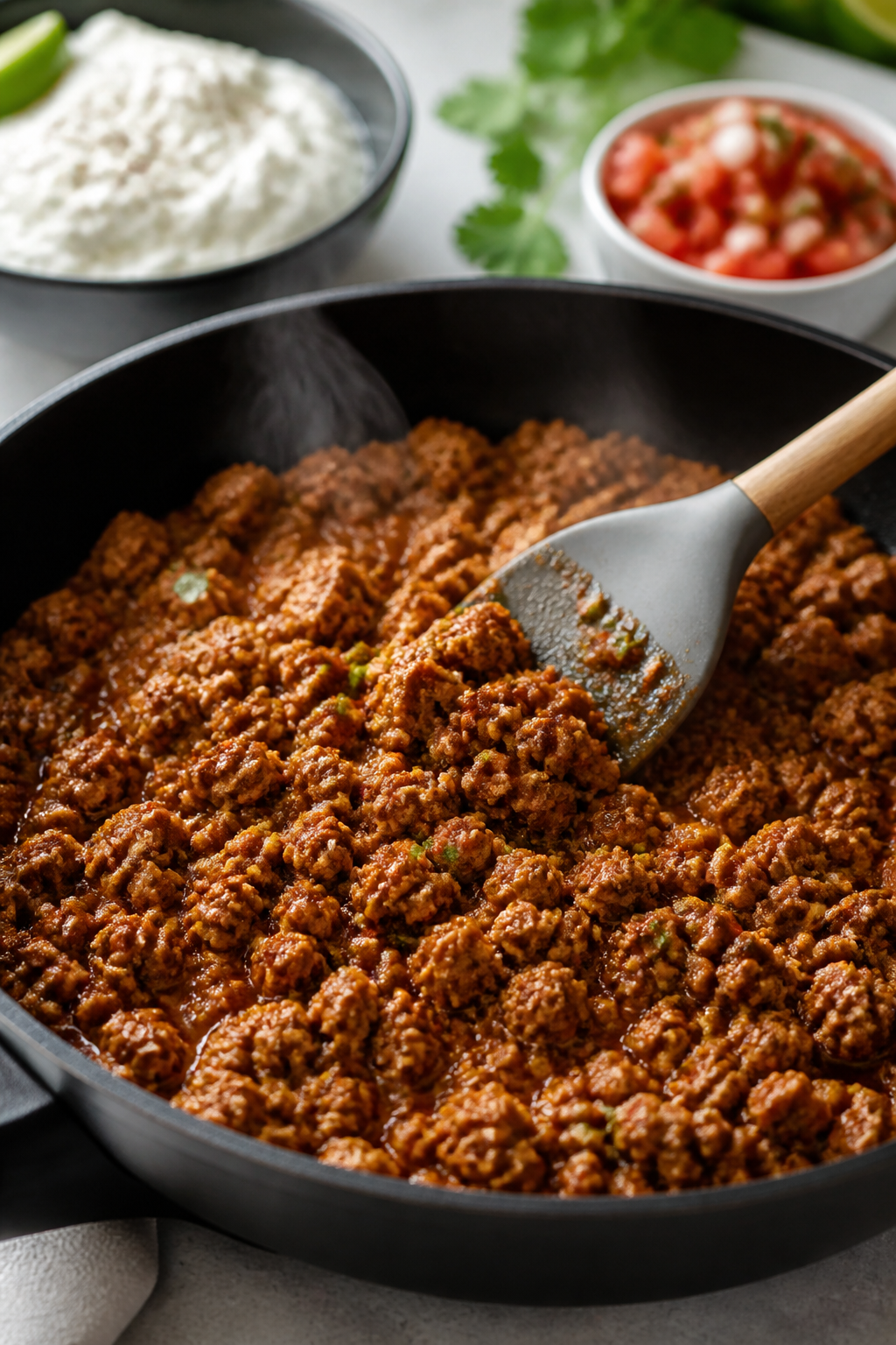 Cooking process, close-up detail: Sizzling taco-seasoned ground turkey in a matte black skillet, sau