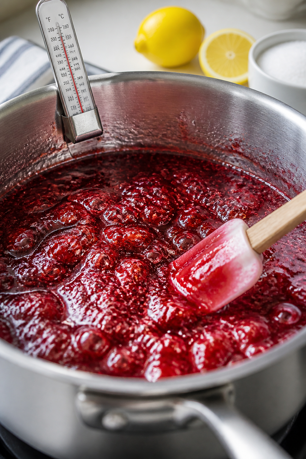 Cooking process close-up: Thick, glossy strawberry jam at a full rolling boil in a wide, heavy stain