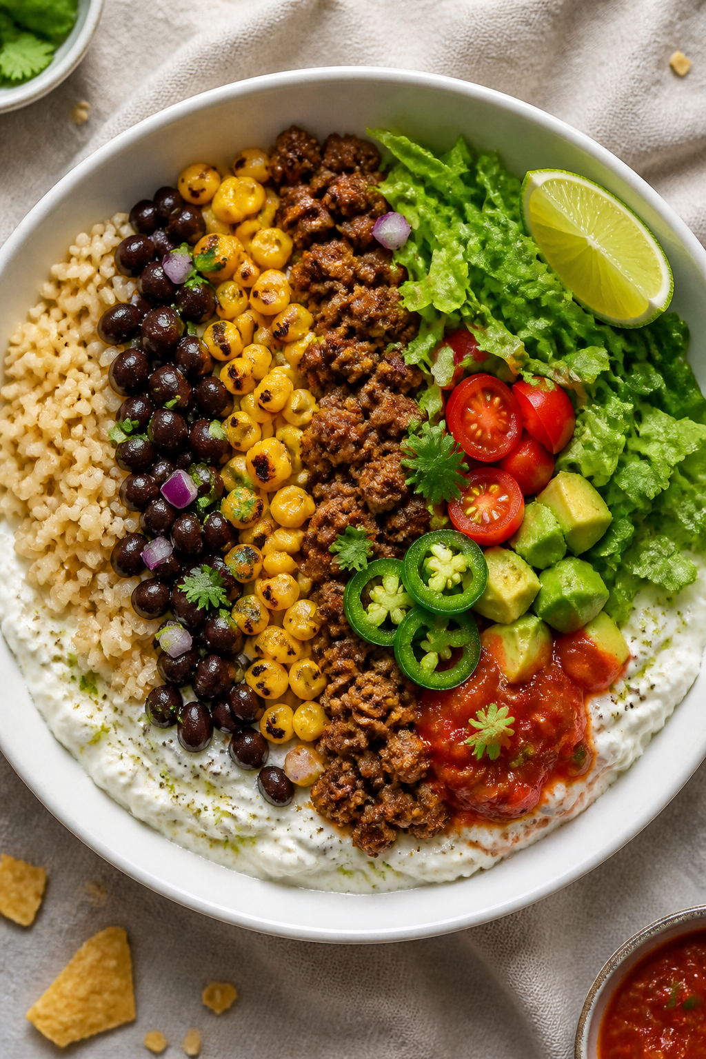 Final dish, tasty top view: Overhead shot of a colorful taco bowl built on a creamy cottage cheese b
