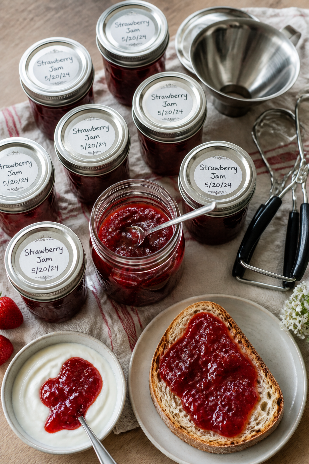 Final presentation overhead: Overhead shot of 6–7 half-pint jars of finished strawberry jam, lids
