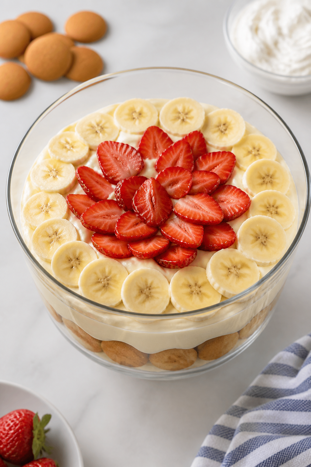 Overhead shot of a prepared strawberry banana pudding being layered in a clear trifle dish: a snug b