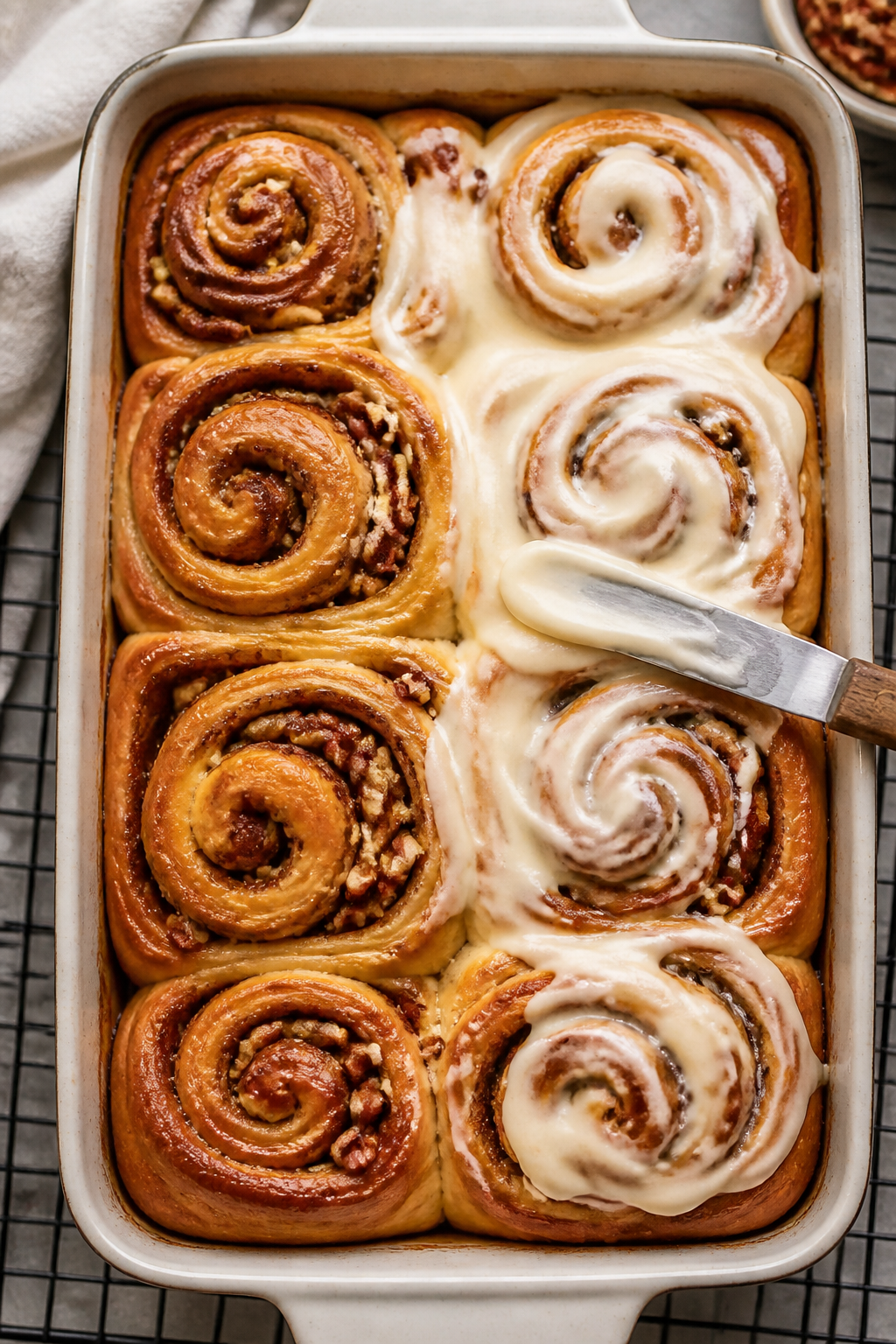 Overhead shot of freshly baked carrot cake cinnamon rolls just out of the oven in a 9x13 pan, lightl