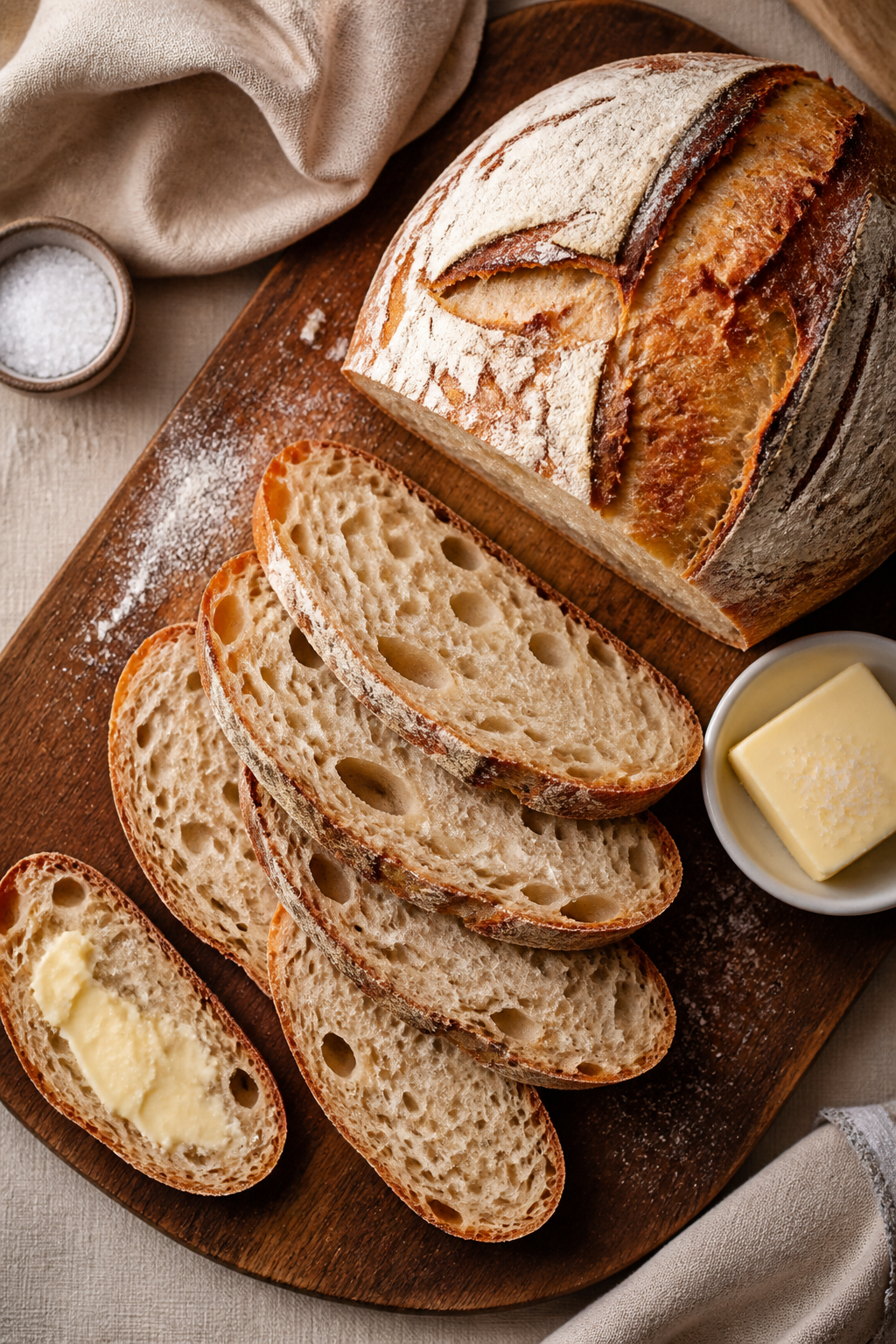 Tasty top view, final presentation: Overhead shot of a fully cooled sourdough loaf partially sliced