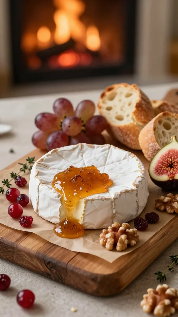 A cozy, high-contrast still-life photograph of a Cinnamon-Glazed Brie Board that feels like a warm blanket. Central focus on a round wheel of Brie with rind removed, lightly melted at the edges, perched on a small rustic wooden board lined with parchment. Surround the Brie with a glossy swirl of cinnamon-apple jam drizzled over one side, and scatter fresh cranberries (red) and dried cranberries, halved grapes, halved figs, and sliced baguette pieces arranged in a crescent around the Brie. Include toasted walnuts, a small pool of honey for drizzling, and a few sprigs of thyme for a kitchen-warm aroma. Lighting is soft and warm, simulating late-afternoon sunlight by a fireplace, with shallow depth of field to gently blur the background. Textures: creamy Brie, sticky jam glaze, crisp baguette, jewel-toned fruit, amber honey, and rustic board. No text on image.