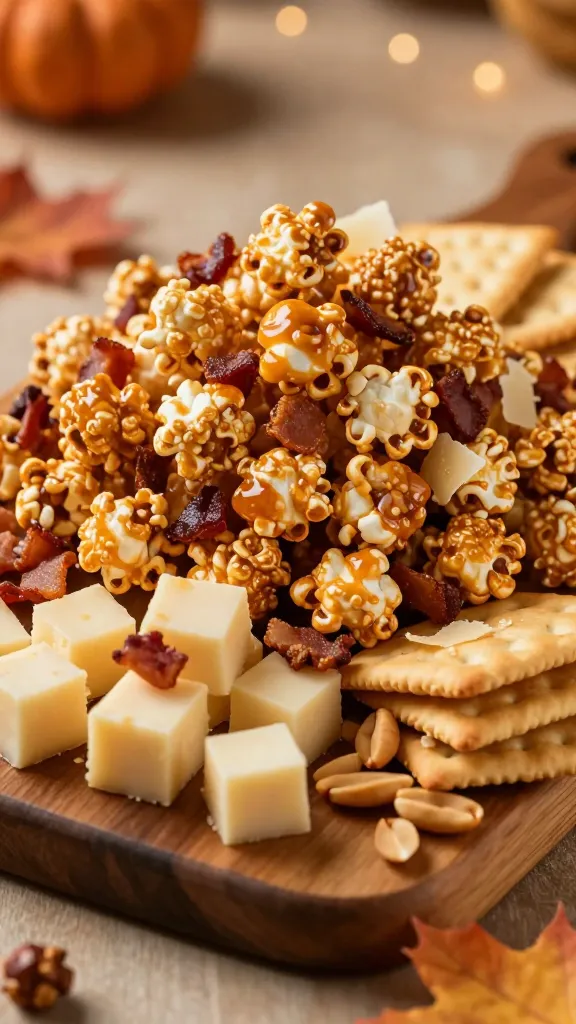 A high-resolution, close-up photo of a cozy Thanksgiving appetizer board centered on a generous pile of glossy maple-bacon caramel popcorn, with a warm, amber-toned lighting that evokes a movie-night vibe. Surround the popcorn with thoughtfully arranged accompaniments: cubed creamy cheeses, delicate melba crackers, and scattered roasted peanuts for crunch. Include crumbles of crisp bacon tossed lightly with the popcorn, shimmering hints of maple glaze, and a few parmesan shavings for contrast. Use a rustic wooden board as the base on a warm, neutral table setting with soft, out-of-focus background bokeh, a small maple leaf near the edge, and a shallow depth of field to keep the popcorn as the main subject while the cheese, crackers, and bacon bits add texture and color. No text, natural textures, and mouth-watering detail to emphasize sweet, salty, and cozy flavors.
