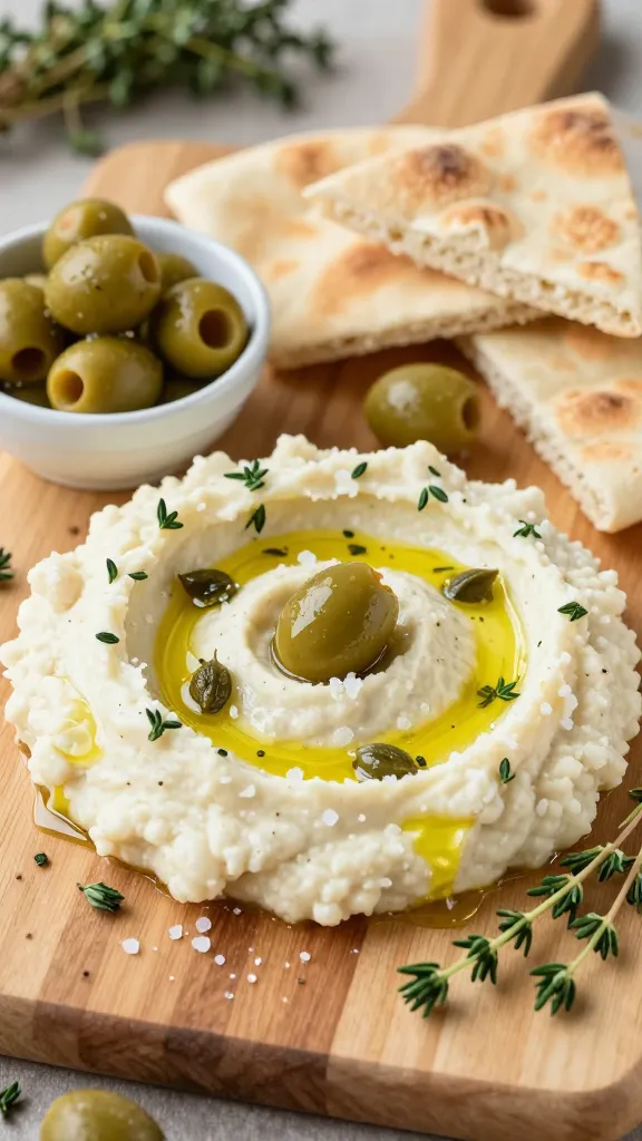 A close-up, high-resolution food photography scene featuring a rustic Mediterranean herbed white bean and olive board as the main subject, arranged on a light wooden serving board. The centerpiece is a creamy white bean mash sprinkled with flaky sea salt, drizzled with olive oil, and topped with halved green olives, small brined capers, and a delicate scatter of chopped fresh thyme. Surrounding the mash, include rustic-crusty bread slices and warm pita triangles stacked casually. Add small, elegant bowls containing extra olives and capers, and a few fresh thyme sprigs for aroma and color. The background should be softly blurred to emphasize the texture of the beans and the glossy olives, with natural, warm lighting that highlights the creamy texture and olive oil sheen. The overall mood is cozy, garden-party chic, appetizing, vegan-friendly, and visually vibrant with green, golden, and earthy tones. No text on the image.