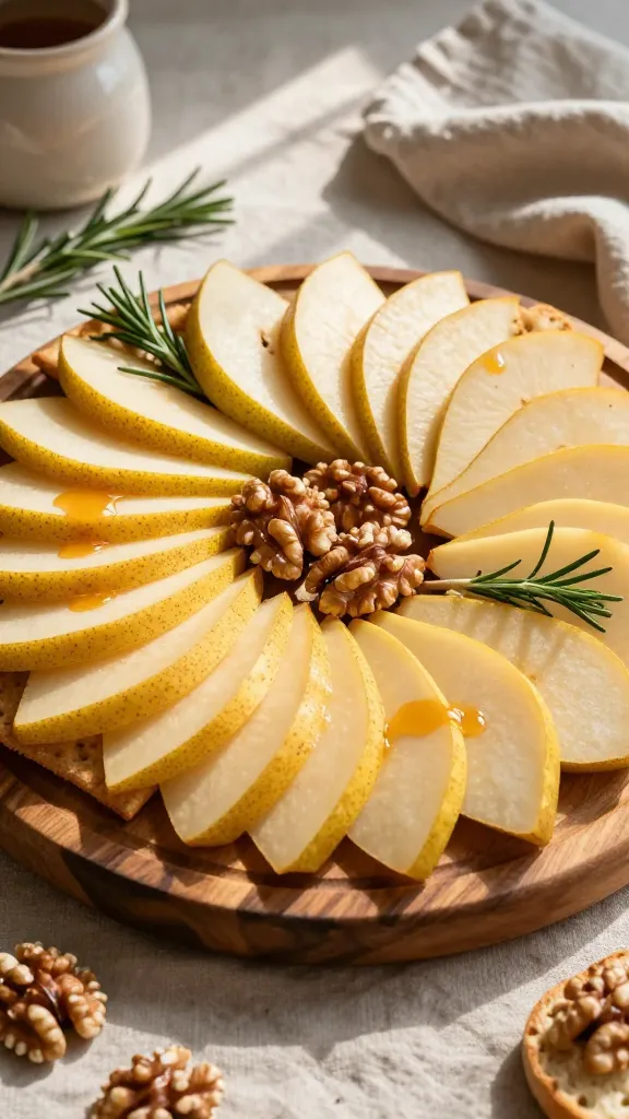 A high-resolution, beautifully lit editorial-style food photograph of a luxurious yet budget-friendly Spiced Pear and Gouda Board. The main subject is a circular wooden serving board filled with thinly sliced Gouda arranged in a curved, fan-like arc, with pale yellow-orange Gouda ribbons catching the warm ambient light. Scatter delicate pear slices in an artful, semi-radial pattern around the cheese, interspersed with toasted walnuts for texture. Tuck fresh rosemary sprigs into the gaps to add greenery and a fragrant aroma. Surround the central arrangement with crisp crackers or crostini in small clusters, some leaning against the cheese for structure. Add a light drizzle of honey over the cheese and fruit for a glossy finish. The scene is set on a rustic kitchen countertop or linen-covered surface with soft, natural morning sunlight filtering in from the side, casting gentle shadows and emphasizing the autumnal color palette: warm ambers, creamy gouda, pale pear, and dark walnut accents. Include subtle, minimal props in the background (a small ceramic honey pot, a sprig of rosemary, a neutral linen napkin) to convey coziness and ease without crowding the main board. No text on the image.