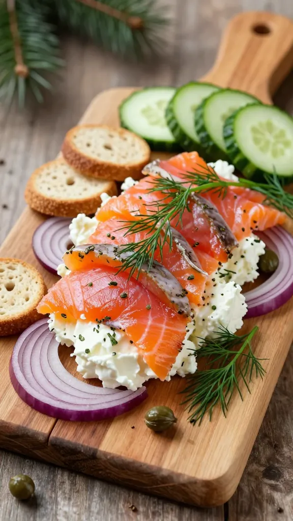 A high-resolution, editorial-style still life of a sophisticated herbed smoked salmon board sitting on a natural wood serving board. The main subject is elegant smoked salmon ribbons layered atop a small dish of softened cream cheese, with delicate sprigs of dill woven through. Surround the arrangement with thinly sliced red onions, scattered capers, and a nest of bagel chips on one side. Include crisp cucumber rounds for refreshing bites, positioned in a neat stack or fan. The composition should be balanced and inviting, with soft natural lighting highlighting the glossy salmon, cream cheese’s creamy texture, and the vibrant greens of dill. Use a warm, cozy holiday table setting in the background with subtle bokeh, ensuring no text is visible in the image.