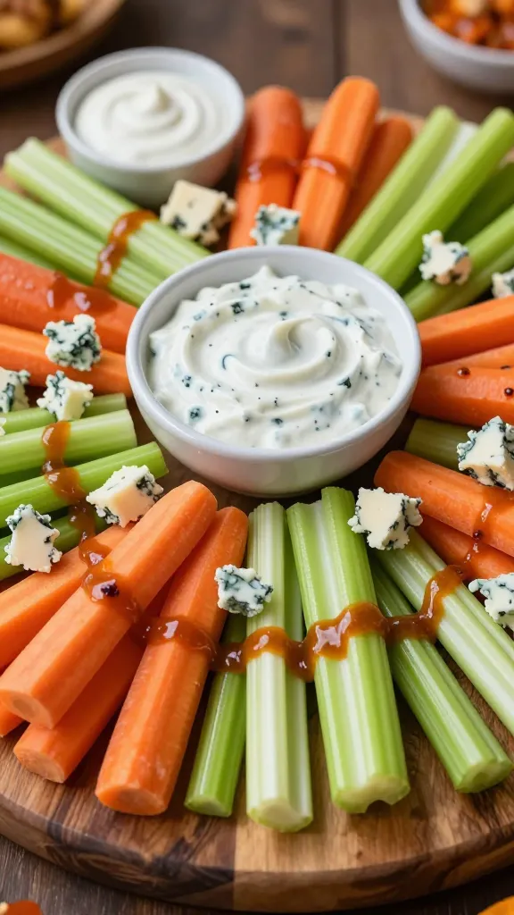 A high-resolution, photorealistic food scene featuring a Thanksgiving appetizer board centered around a Buffalo-Blue Cheese Celery Stock Board. The board is rustic wooden with a generous assortment: crisp celery sticks and carrot sticks lightly tossed in a glossy buffalo sauce for a subtle sheen, scattered blue cheese crumbles, and a creamy ranch or blue cheese dip in a small, stylish bowl at the center. Surrounding the bowl are neatly arranged celery stalks, carrot sticks, and a few blue cheese crumbles sprinkled over the edges for texture. The board also includes a few small bowls of additional ranch or blue cheese dip, and a light drizzle of buffalo sauce for color variation. The lighting is warm and inviting, highlighting the textures of crunchy celery, creamy dip, and tangy blue cheese, with a shallow depth of field to softly blur the background while keeping the board sharp and appetizing. No text on the image.