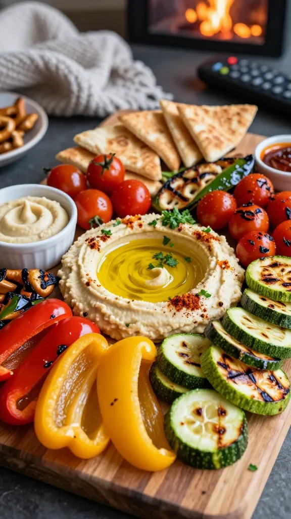 A high-resolution, appetizing food photography scene featuring a vibrant Charred Veggie Galaxy Board. The board is a rustic wooden serving board spread with a generous mound of creamy hummus in the center, kissed with a glossy swirl of extra-virgin olive oil. Surround the hummus with a color-wheel of roasted, charred vegetables: bright red bell pepper strips, sunny yellow bell pepper slices, tender zucchini rounds with caramelized char, and a scattering of juicy cherry tomatoes. Garnish the hummus with a light dusting of smoked paprika and a sprinkle of chopped fresh parsley for bright green accents. Arrange assorted dippers – crisp pita triangles and pretzel pieces – fanning around the edge like a candy constellation. Include small bowls or dips of hummus within the board to emphasize variety. The lighting is warm and inviting, with shallow depth of field focusing crisply on the foreground veggies and hummus, while a soft bokeh of movie night elements (blurred snacks, a cozy blanket, and a streaming remote) hints at the background. The composition should feel abundant, colorful, and crave-inducing, as if ready to be shared during a movie marathon, with no text overlay on the image.