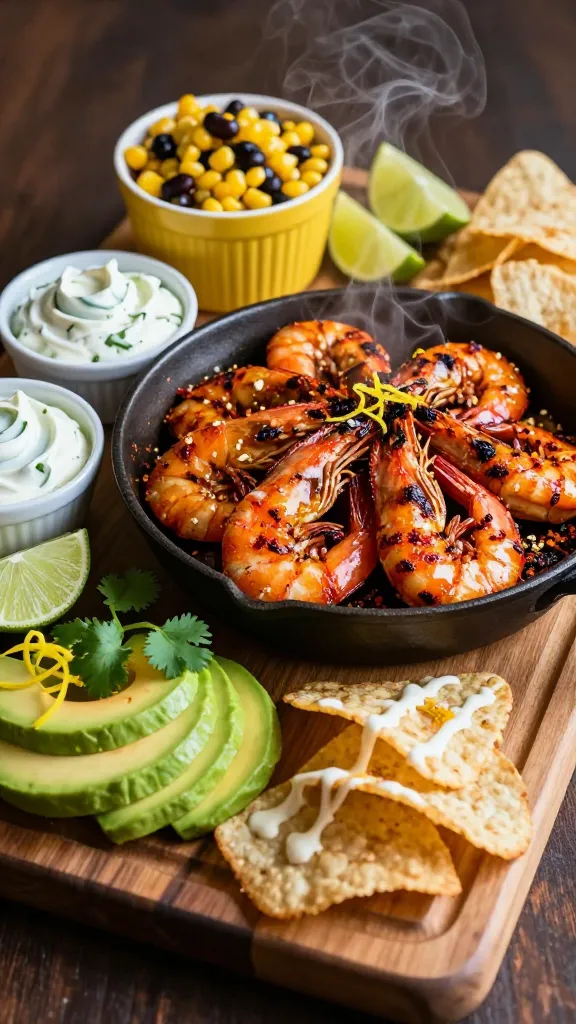 A vivid, high-contrast food photography scene of a Spicy Shrimp Board that Craves Your Attention for a cozy movie-night spread. The composition centers a glossy skillet of caramelized, charred shrimp tossed in chili powder, paprika, and garlic powder, steam gently rising, with a slight sear on the edges to show depth and texture. Surround the skillet with a vibrant spread: scoops of cilantro-lime crema in small white bowls, a bright cup of corn and black bean salad, fresh lime wedges, and a scattering of assorted chips and crackers. Include a small stack of avocado slices and a zesty drizzle of crema over some shrimp for brightness. Garnish with fresh cilantro sprigs and a few lime zest strands. Use warm, cinematic lighting to highlight the shrimp’s pink-orange hue and the crema’s lime-green contrast, with a shallow depth of field focusing on the shrimp in the skillet while the board’s edges softly blur. Ensure the entire board is neatly arranged on a rustic wooden serving board, with slight shadows for realism, and no text or logos on the image.