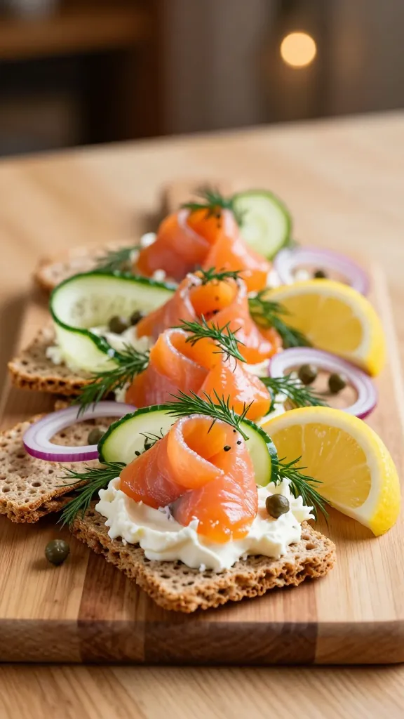 A high-resolution, editorial-style food photograph featuring a elegant Salmon Rosette Board as the main subject, styled for a cozy date-night movie theme. The board sits on a light wooden surface with a soft, warm bokeh background. The centerpiece is a delicate arrangement of silky smoked salmon rosettes folded into a fan shape, surrounded by creamy spread of softened cream cheese on crisp rye crackers and thin baguette slices. Garnish with thin cucumber ribbons, translucent red onion slices, bright lemon wedges, and scattered capers. Fresh dill sprigs are artfully placed for green contrast. Lighting is natural and slightly diffused to highlight the glossy texture of the salmon and the creamy cheese, with shallow depth of field to gently blur the background and keep the focus on the plated board. No text on the image.