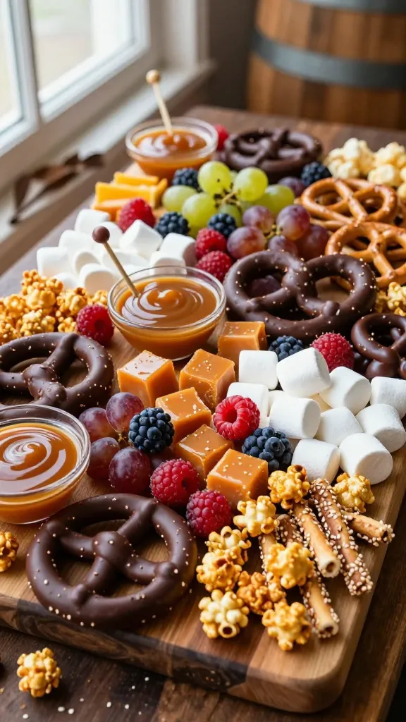 A high-resolution, editorial-style food photography shot of a vibrant Sweet-and-Savory Candy Board designed for a thriller movie-night theme. Center a lush wooden boardscape filled with clusters of dark chocolate-covered pretzels, plump grapes and ripe berries, glossy sea-salt caramel squares, puffed cheddar popcorn, sesame sticks, and fluffy mini marshmallows. Include a few small, clear bowls of caramel for dipping and a handful of playful skewers interspersed across the board. Use natural window light with soft shadows to emphasize textures: the crunch of pretzels, the sheen on caramel, the matte pop of popcorn and the juicy sheen on berries. Compose with a shallow depth of field to keep the board in sharp focus while gently blurring the background, ensuring a warm, inviting color palette of deep browns, ruby reds, golden yellows, and creamy whites. Ensure no text appears in the image and the main subject—the Sweet-and-Savory Candy Board—dominates the frame in an artful, wine-barrel rustic aesthetic.