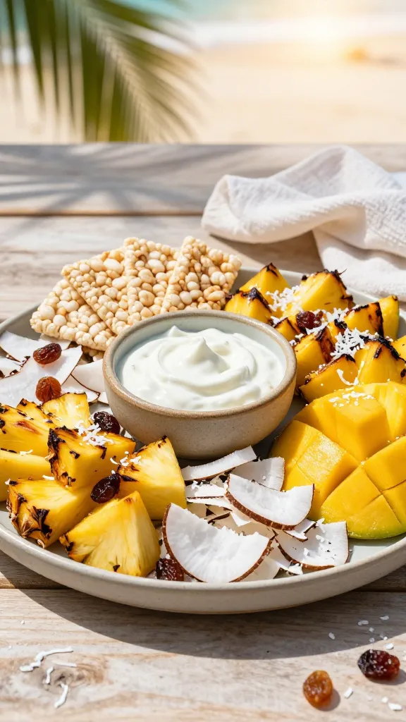 A high-resolution, hyper-realistic food photograph of a tropical movie-night snack board set on a light, sunlit wooden table. The board is filled with vibrant grilled pineapple chunks, bright mango slices, and creamy white coconut chips, sprinkled generously with shredded coconut. A generous dollop of coconut yogurt dip sits in a small, rustic ceramic bowl, with a few rice crackers fanned around the edge. Optional rum-soaked raisins glisten subtly among the fruit. Light, airy napkin accents, a soft-focus tropical background with hints of palm leaves and warm sunlight, and a casual, beachy mood conveyed by the arrangement. The overall vibe is sunny, mood-boosting, and vacation-inspired, with meticulous plating and a natural, inviting presentation. No text on the image.