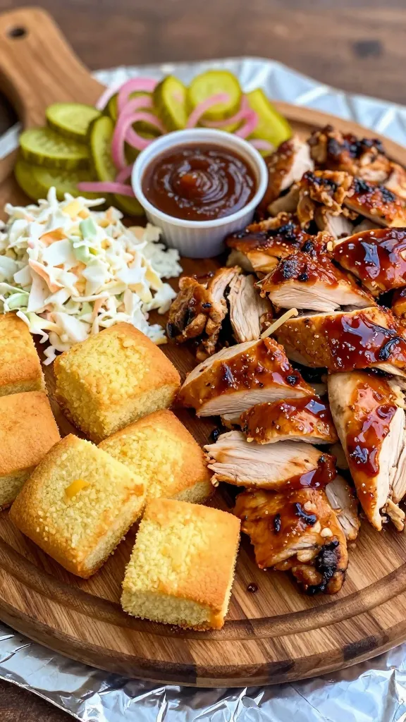 A high-resolution, food-photography styled scene of a rustic, round wooden board arranged as a BBQ Rip-Off Board for Smoky Lovers. Feature chopped smoked chicken, mini cornbreads, tangy pickles and pickled onions, a small ramekin of barbecue sauce for dipping, and a generous portion of creamy coleslaw. The chicken and cornbread are scattered across the board with a nest of sliced pickles and pickled onions clustered in one corner; a dollop of coleslaw sits nearby. A light glaze of barbecue sauce drizzles over the chicken and cornbread, with a subtle, glossy sheen. Include a foil sheet partially visible underneath the board to imply warmth retention. Style the composition with warm, summery lighting, shallow depth of field to softly blur the background, and ensure the main subject (the BBQ board) dominates the frame. No text on the image.