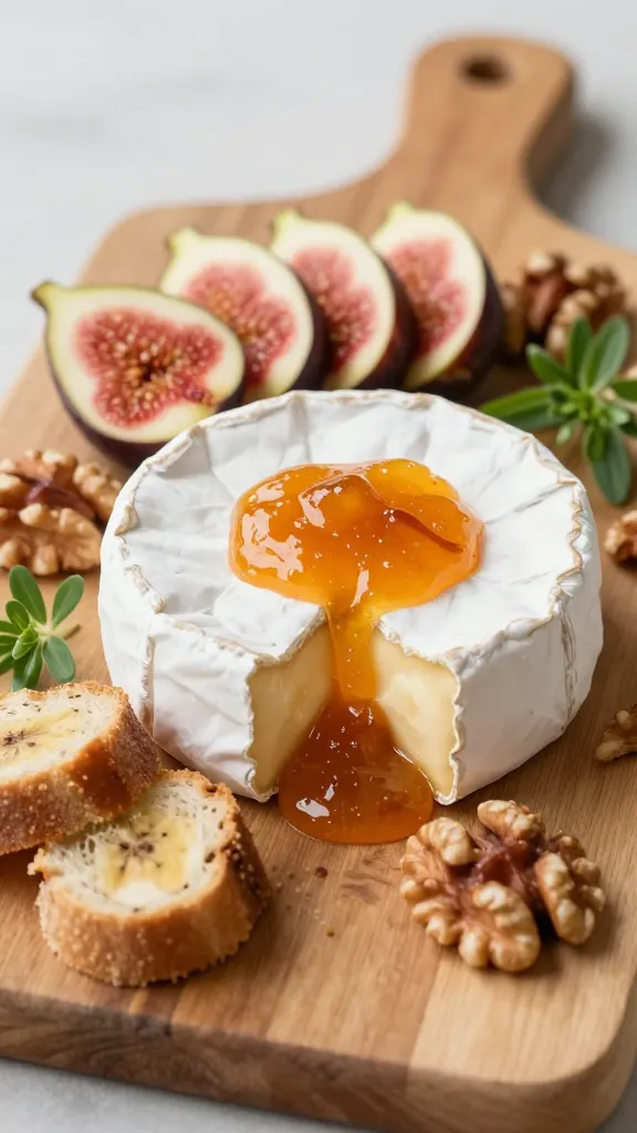 A chic, close-up photo of a rustic Brie board featured as the main subject, set on a light wooden serving board. The warm wheel of Brie sits at the center, gleaming with a glossy apricot jam glaze that accentuates its gooey interior. Surround the brie with a rainbow of accompaniments: fig slices fanned atop the cheese, neatly arranged walnut halves, and scattered banana bread or crusty bread slices for scooping. Include a few fresh-green herb sprigs for contrast and a hint of elegant simplicity. The board should be rustic yet refined, with soft, natural lighting that highlights the creamy texture of the brie and the jewel tones of the jam and fruit. A subtle, tasteful depth of field blurs the background just enough to draw focus to the brie centerpiece and its vibrant toppings, creating an inviting, crowd-pleasing presentation without any visible text or branding.