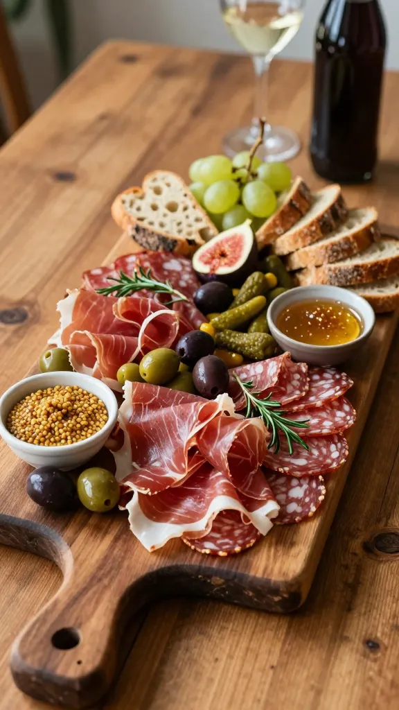 A moody, artful rustic charcuterie board set on a worn wooden table in warm, natural light. Centerpiece: an expansive, dark wooden board layered with neatly fanned prosciutto and salami, interspersed with glossy green and black olives and small cornichons. Surround with rustic country bread slices arranged in gentle arcs, and small bowls of mustard and honey with visible flecks of mustard seeds. Add seasonal fruit accents such as plump grapes and halved figs for color and texture. Include a few delicate sprigs of fresh herbs for aroma and visual contrast. Edges of the board show intentional gaps where olives and pickles sit, creating inviting bite-sized pockets. In the background, a subtle hint of a wine glass and a bold soda bottle to imply pairing, with a soft-focus, cozy kitchen or dining room ambiance. No text, ultra-realistic photography, high-resolution, natural shadows, warm color palette.