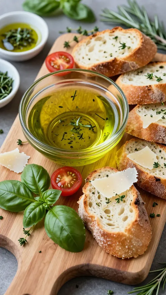 A high-resolution, food-photography style image of a vibrant herb-forward olive oil board on a rustic wooden serving board. The centerpiece is a small glass bowl or jar of bright, emerald-green herb-infused olive oil, with visible flecks of fresh basil, thyme, and rosemary swirling in gloss from the infusion. Surround the oil with neatly arranged crusty baguette slices, some lightly toasted, and scattered with halved cherry tomatoes and delicate shavings of Parmesan cheese. Fresh herbs—basil leaves, thyme sprigs, and rosemary needles—are artfully tucked around the board for color and aroma. A few small bowls or ramekins of extra herbs rest nearby for garnish, with a drizzle of oil catching the light. The scene is lit with warm, natural light to emphasize the oil’s sheen and the textures of crust, cheese, and herbs, with a shallow depth of field softly blurring the background while keeping the board and its ingredients in sharp focus. No text, just a inviting, ready-to-serve herb-oil board that feels simple, fragrant, and last-minute friendly.