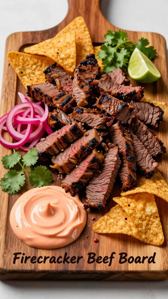 A hyper-realistic, high-contrast food photography shot of a rustic wooden board titled “Firecracker Beef Board” arranged for a dramatic movie-night snack. The board features thinly sliced grilled beef, chopped into juicy, bite-sized pieces, piled in a generous heap at the center. A small, off-center dollop of chili-lime crema rests in a bright, cradled corner of the board, its vibrant orange-pink hue and creamy texture contrasting with the beef. Scatter crisp, golden tortilla chips around and over the beef for crunch, with a handful of pickled red onions adding a pop of color and brightness. Fresh cilantro leaves and lime wedges are artfully placed to frame the dish and add fresh green and lime accents. The lighting is warm and cinematic, with soft directional light highlighting the beef’s sear marks and the crema’s glossy surface, creating appetizing reflections. A few scattered chili flakes hint at the spice level, while a clean, minimal background ensures the board remains the focal point. The overall composition exudes bold, explosive flavors and a playful, shareable feel suitable for a movie-night spread, with no text overlay on the image.