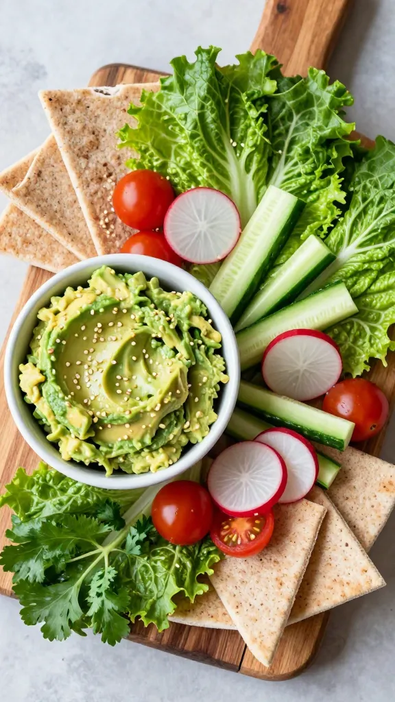 A high-resolution, overhead-shot of a vibrant Super Green Market Board on a rustic wooden serving board, styled for a glossy magazine food feature. The composition centers on a lush bed of torn romaine leaves forming the base, with scoops and scooted piles of creamy avocado crema in a small, bright ceramic bowl. Neatly arranged cherry tomatoes, thinly sliced radishes, and petite cucumber sticks fan out around the crema, punctuated by scattered sesame seeds for a speckled, glossy finish. Include triangular whole-wheat pita pieces fanned along the edge, some lightly torn to reveal soft interiors. Add a few fresh herb sprigs (like parsley or cilantro) for a pop of green and a subtle sheen on the vegetables. Lighting should be natural and bright, with shallow depth of field to gently blur the background, emphasizing the textures: crisp greens, creamy avocado, juicy tomatoes, and the tactile grain of the pita. No text, no props that distract, but a clean, modern plateware look with a simple, neutral background to highlight the vivid greens and creamy avocado crema.
