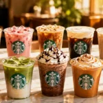 Top 10 Starbucks drinks including Iced Caramel Macchiato, Pink Drink, Matcha Latte, and Frappuccino displayed on a marble café table.