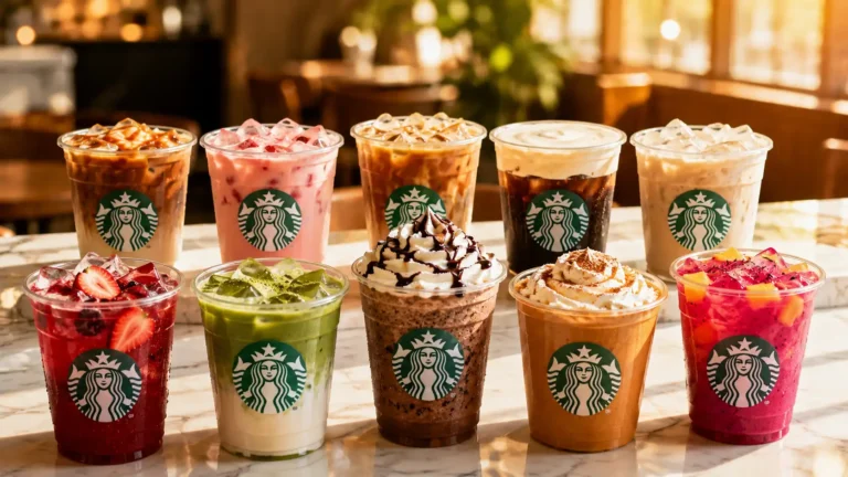 Top 10 Starbucks drinks including Iced Caramel Macchiato, Pink Drink, Matcha Latte, and Frappuccino displayed on a marble café table.