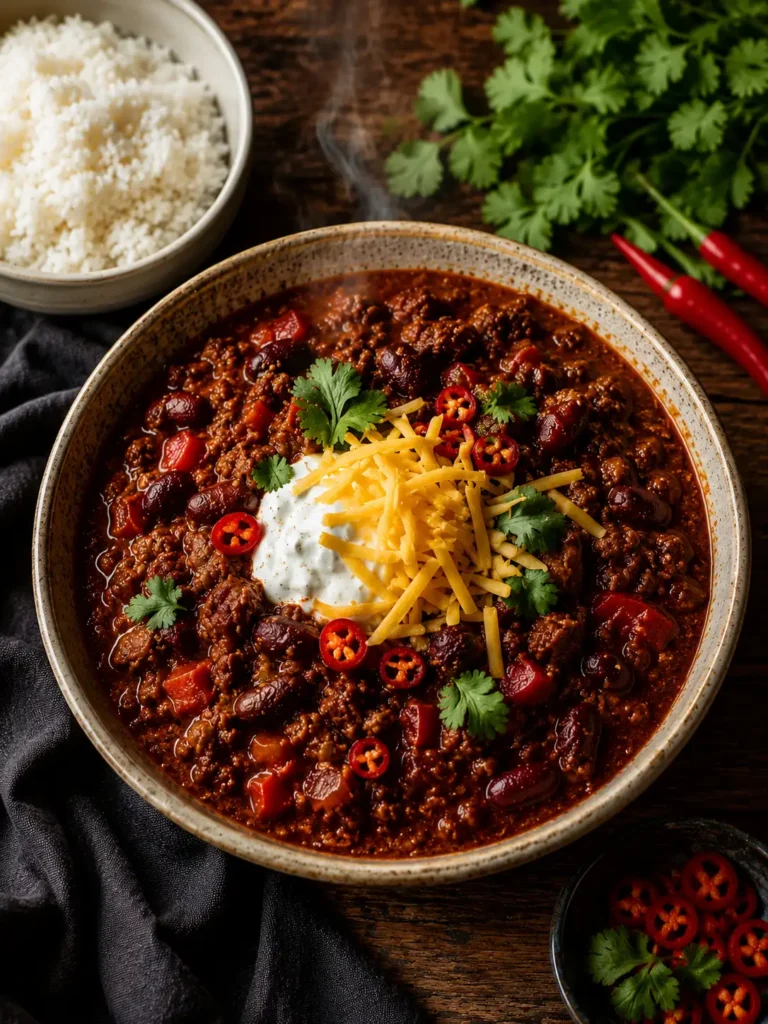 A bowl of homemade Chilli Con Carne with beef mince, kidney beans, and red peppers in a rich spiced tomato sauce, topped with soured cream, grated cheese, and fresh coriander, served with white rice