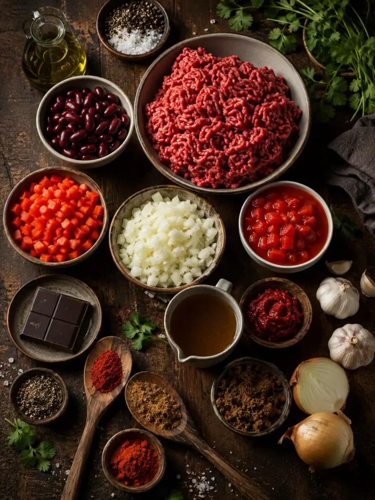 Fresh ingredients for homemade Chilli Con Carne including lean beef mince, kidney beans, onions, garlic, red peppers, tomatoes, spices, beef stock, and dark chocolate arranged on a rustic wooden table.