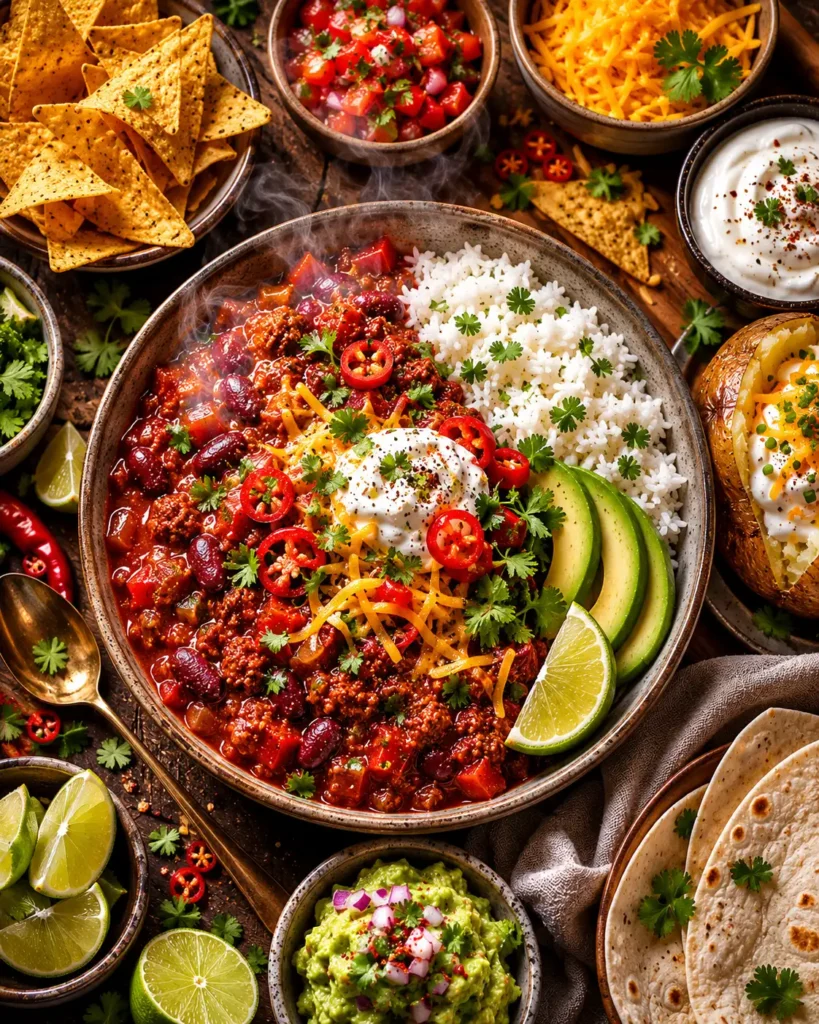 Homemade Chilli Con Carne served with fluffy white rice, baked potato, tortilla chips, avocado, sour cream, cheddar cheese, lime wedges, and fresh coriander on a rustic table.