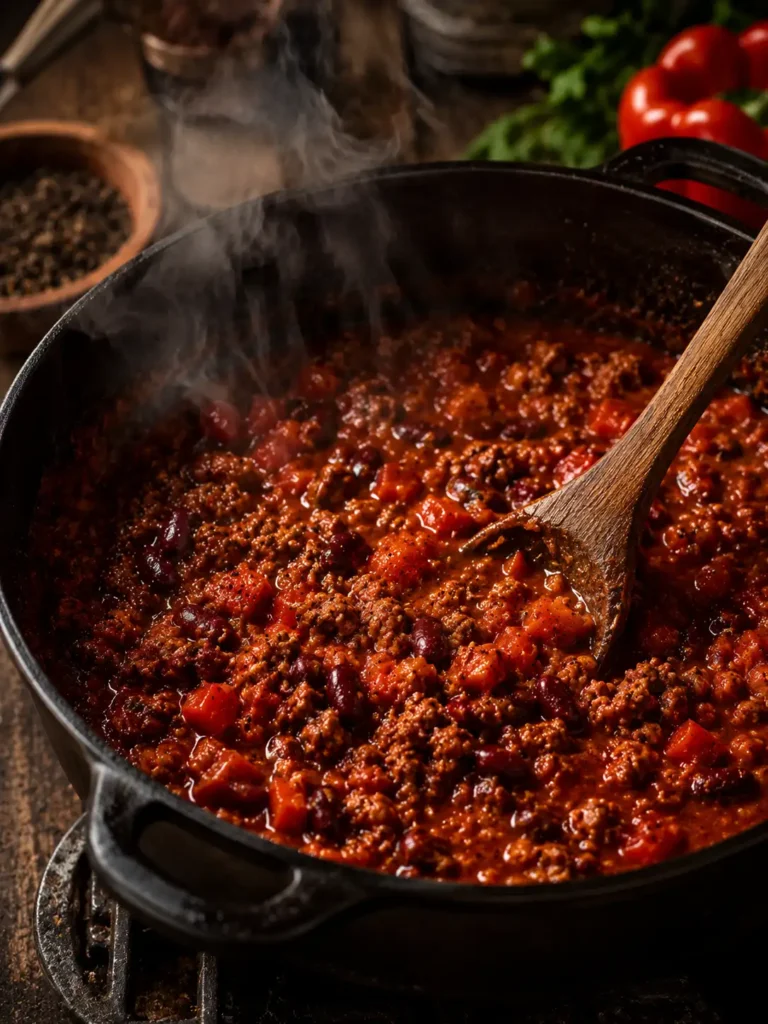 Chilli Con Carne simmering in a cast iron Dutch oven with browned beef mince, kidney beans, red peppers, tomatoes, and aromatic spices creating a rich homemade sauce.