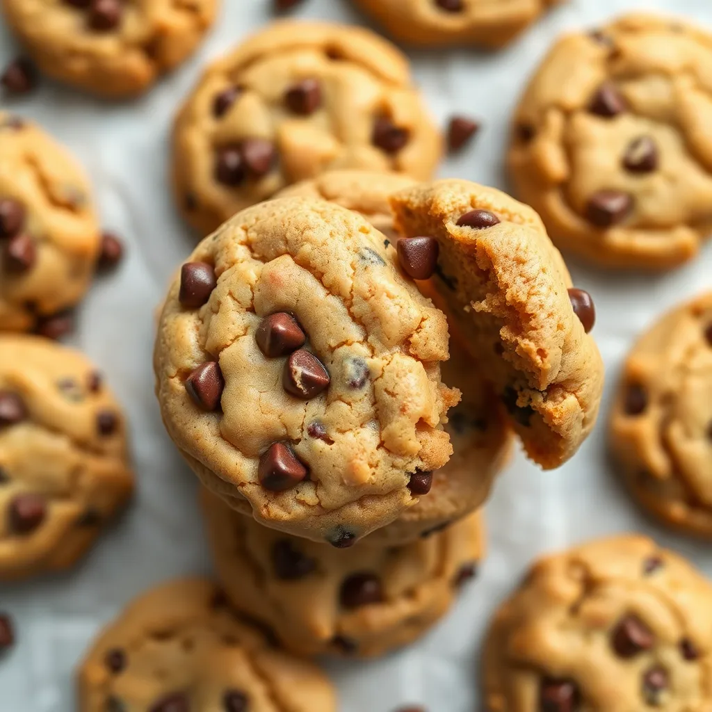 Stack of soft thick peanut butter chocolate chip cookies with melty chocolate and crackly tops on a parchment-lined tray