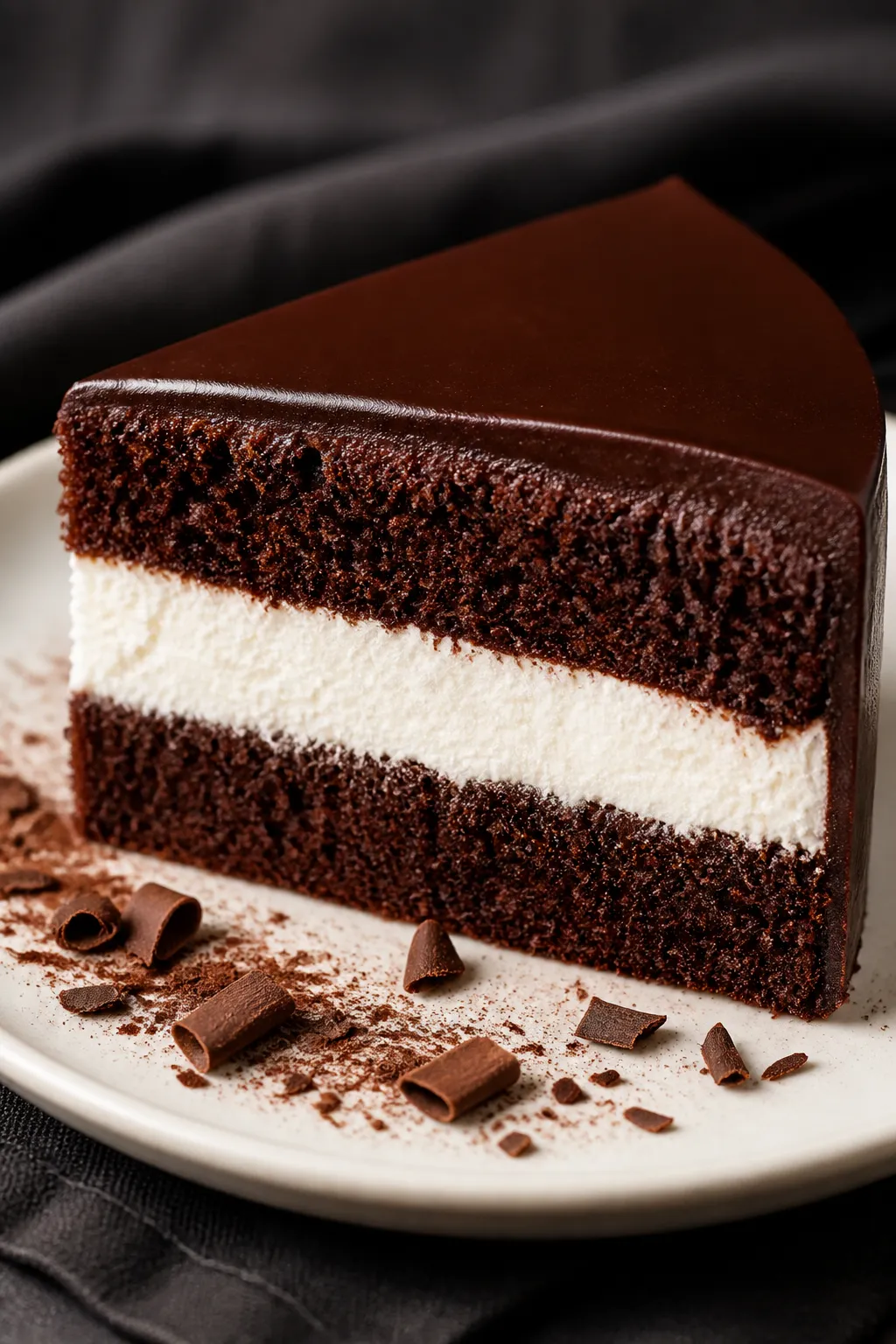 Close-up cross-section slice of the Ding Dong Cake on a matte white plate: ultra-moist, dark chocola