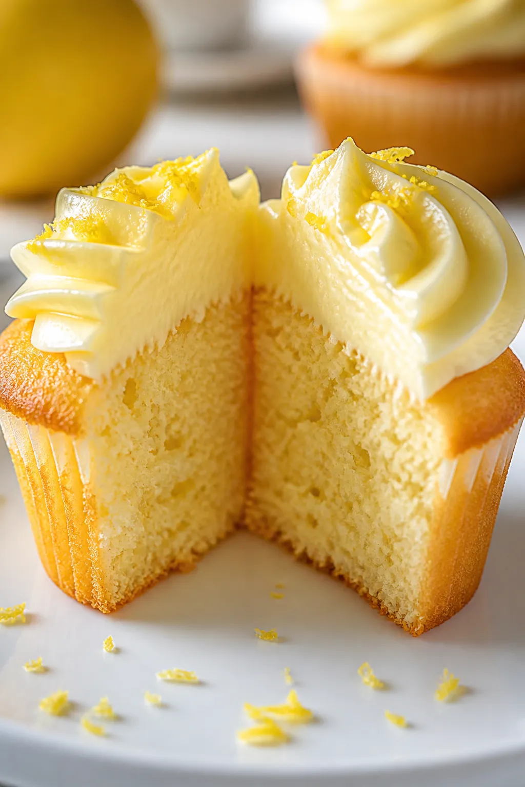Close-up detail: A freshly baked gluten-free lemon cupcake cut in half to reveal its light, tender c