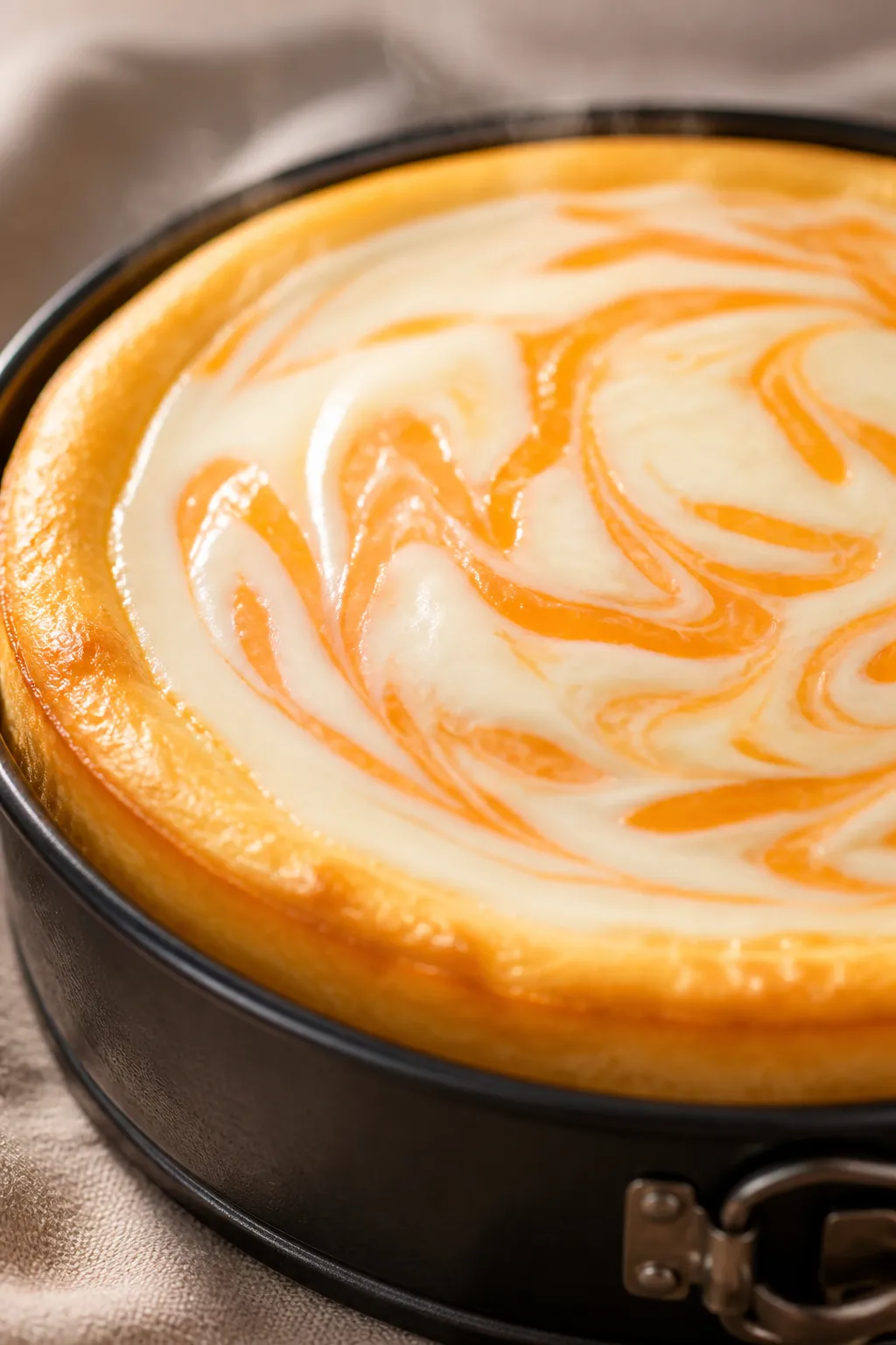 Close-up detail: A freshly baked orange creamsicle cheesecake just out of the oven, edges set with a