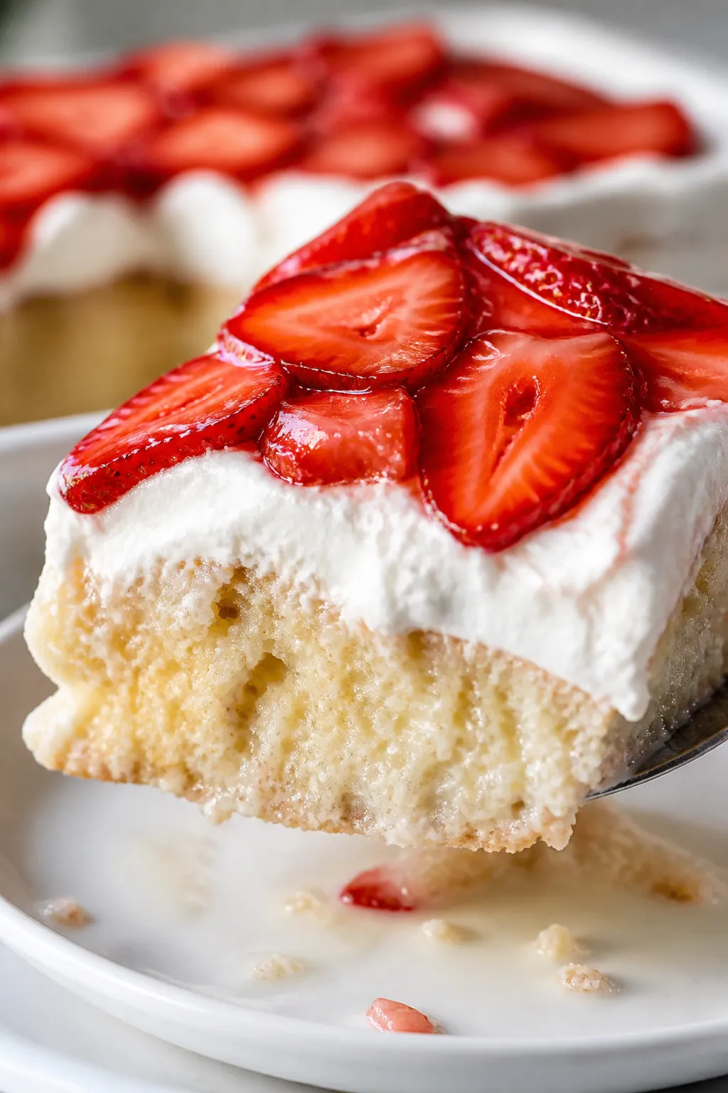 Close-up detail: A just-sliced piece of Strawberry Tres Leches Cake lifted from the pan, showing the