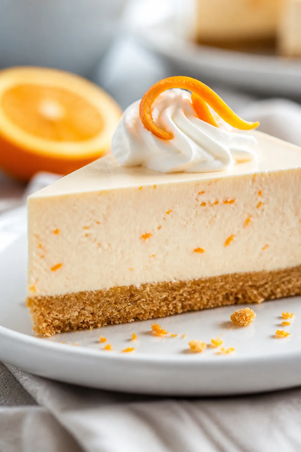 Close-up detail: A silky slice of No-Bake Orange Creamsicle Cheesecake just cut with a warm knife, c