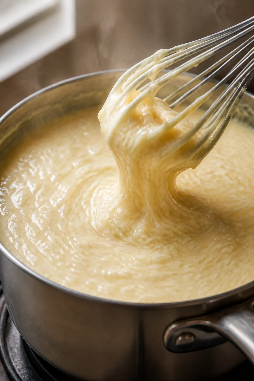 Close-up detail, cooking process: A saucepan of glossy coconut custard just finished thickening on t