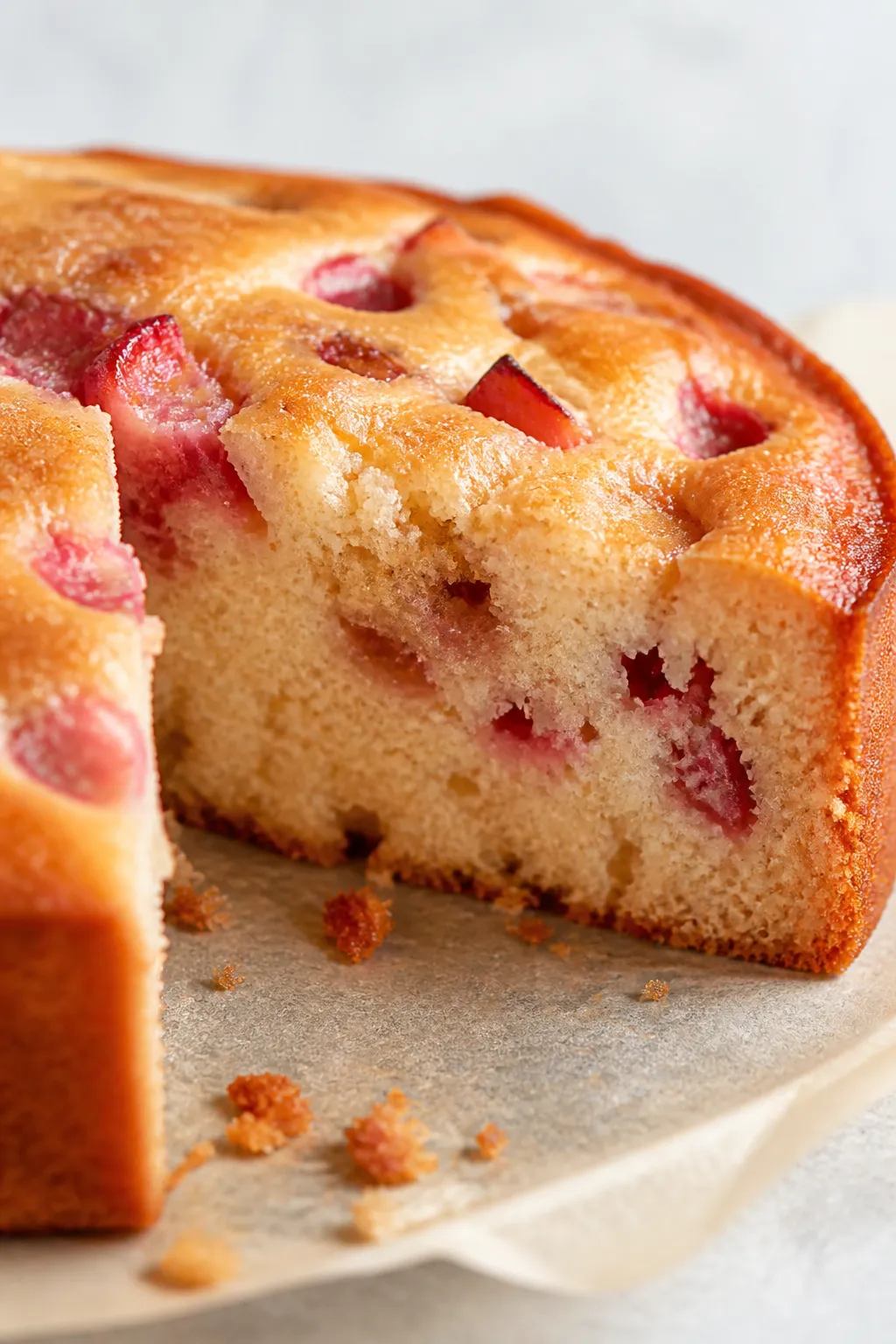 Close-up detail of a freshly baked gluten-free strawberry cake layer just out of the pan, crumb in f