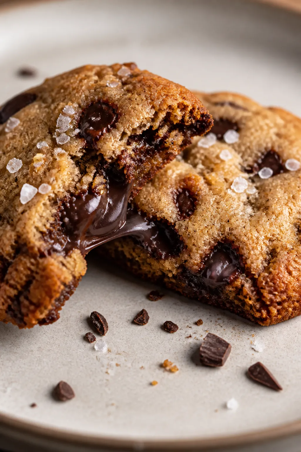 Close-up detail of a single gluten-free chocolate chip cookie broken open on a matte ceramic plate,