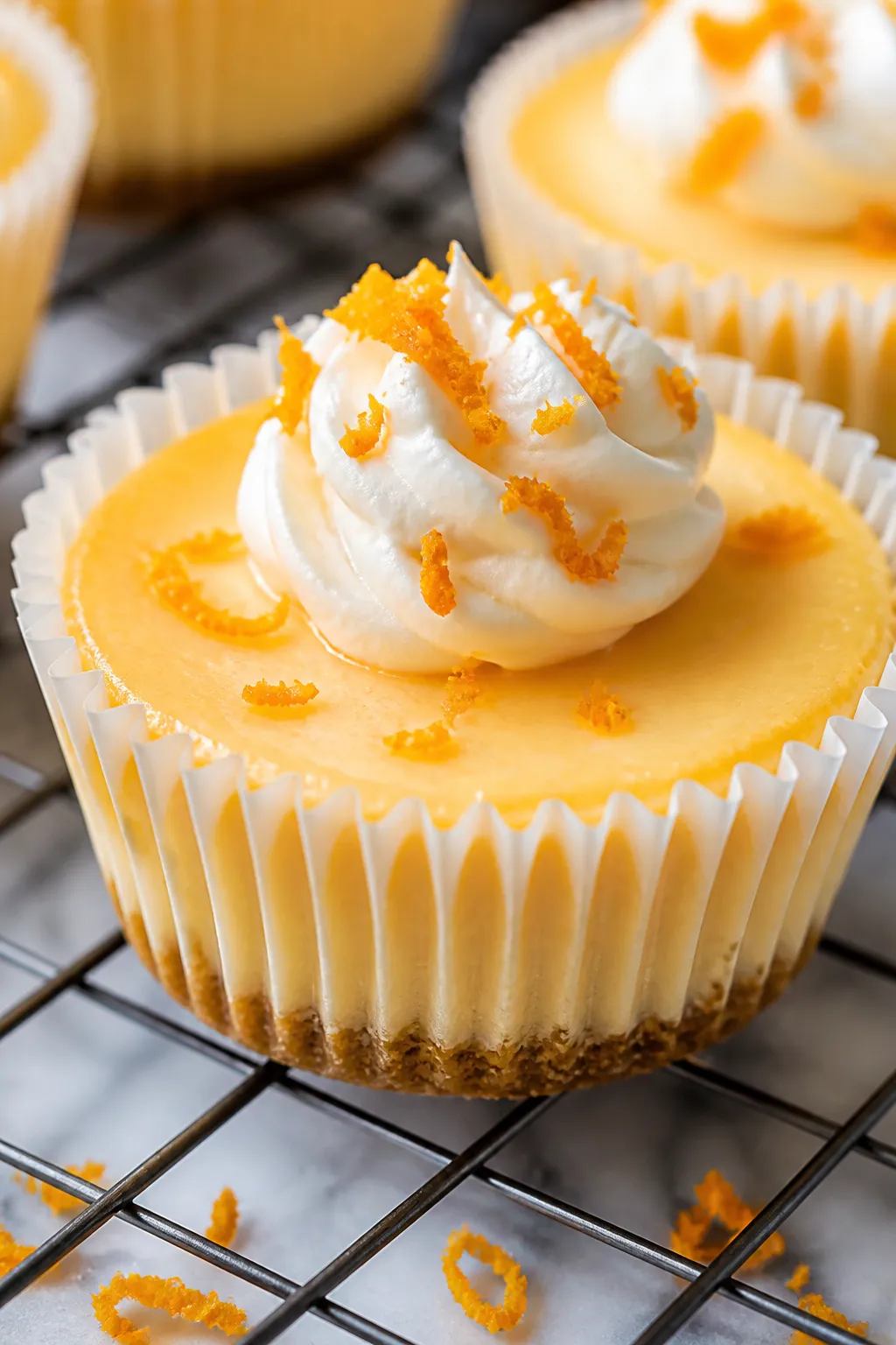 Close-up detail shot: A freshly baked orange creamsicle mini cheesecake still in its paper liner, ju