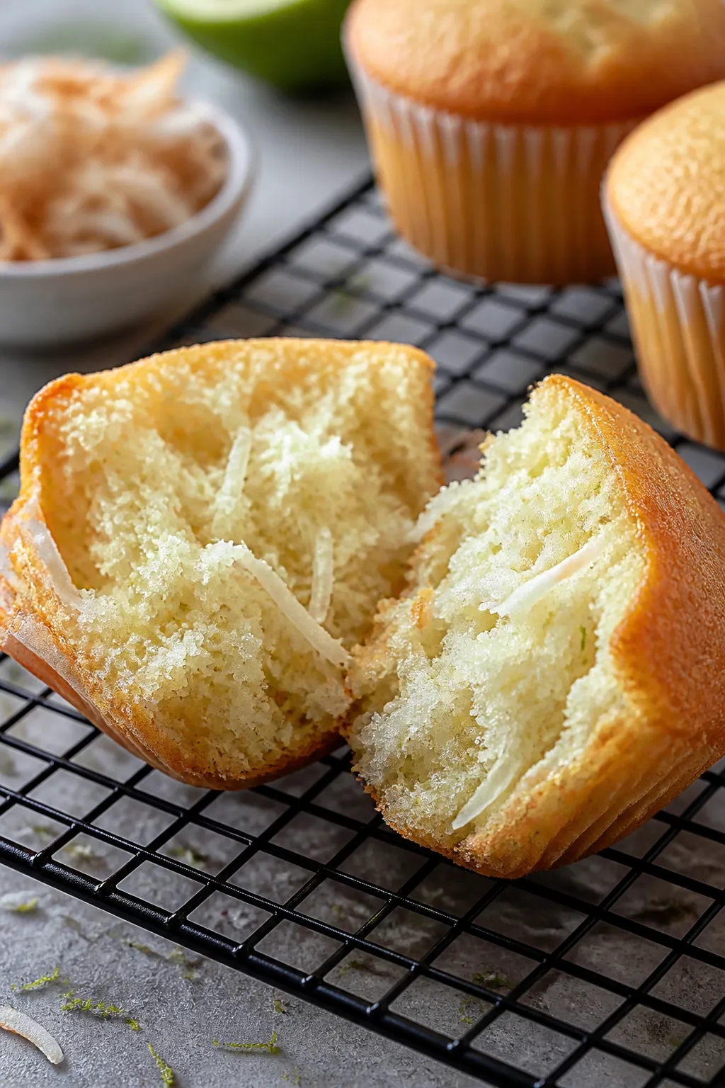 Close-up detail shot: A just-baked coconut lime cupcake torn open to reveal its ultra-moist, tender