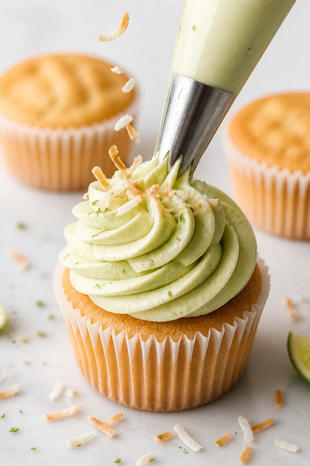 Close-up detail shot of a freshly baked coconut cupcake being frosted: a piping bag with a large sta