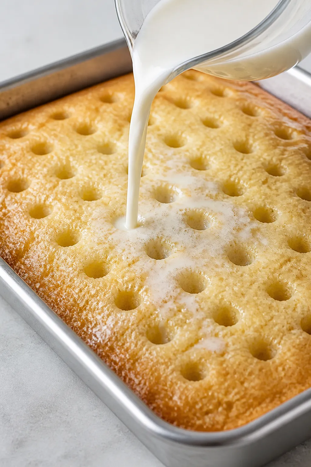 Close-up detail shot of a freshly baked vanilla sheet cake in a 9x13 pan right after poking holes: w