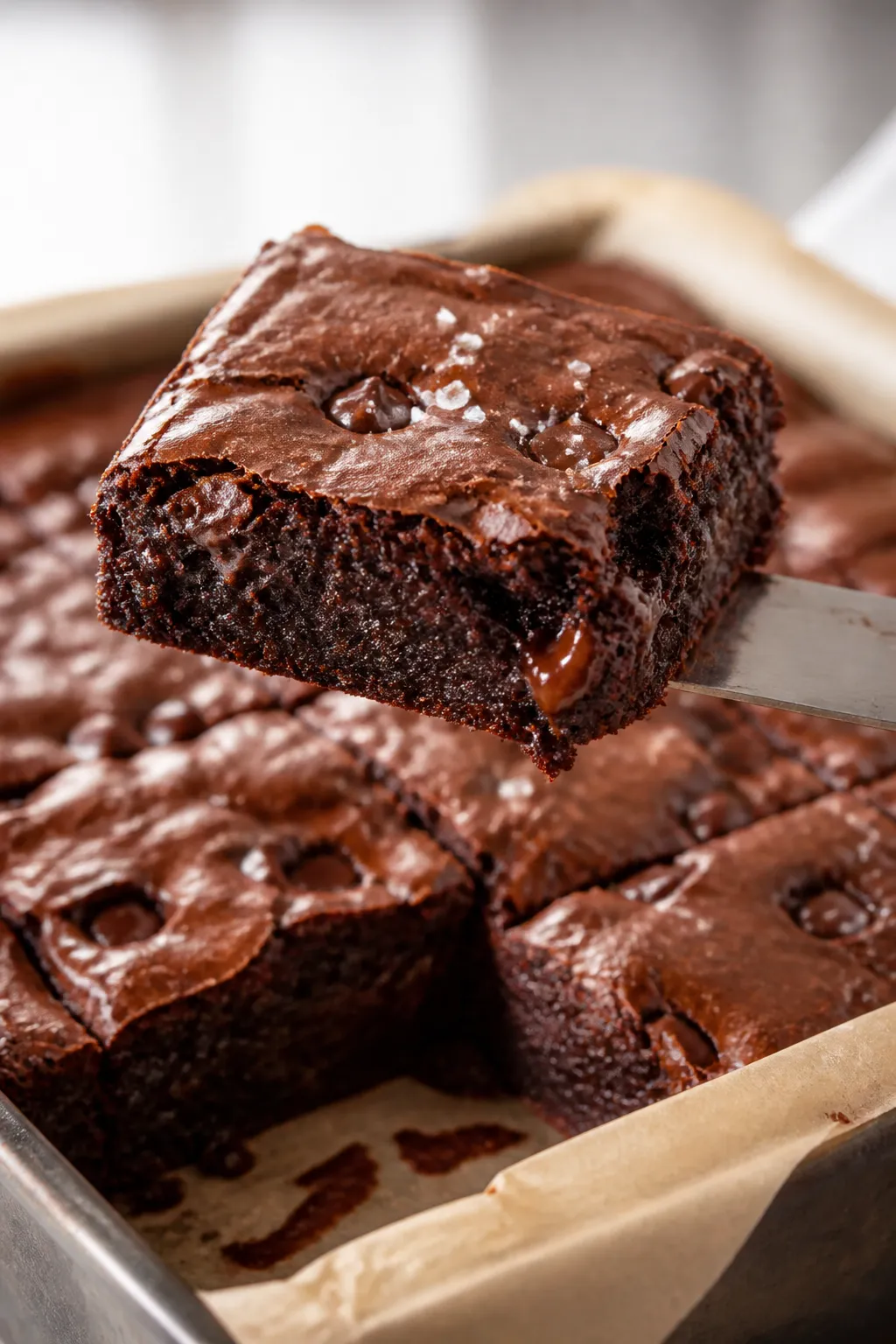 Close-up detail shot of a sliced fudgy keto brownie square just lifted from the pan, showcasing a gl