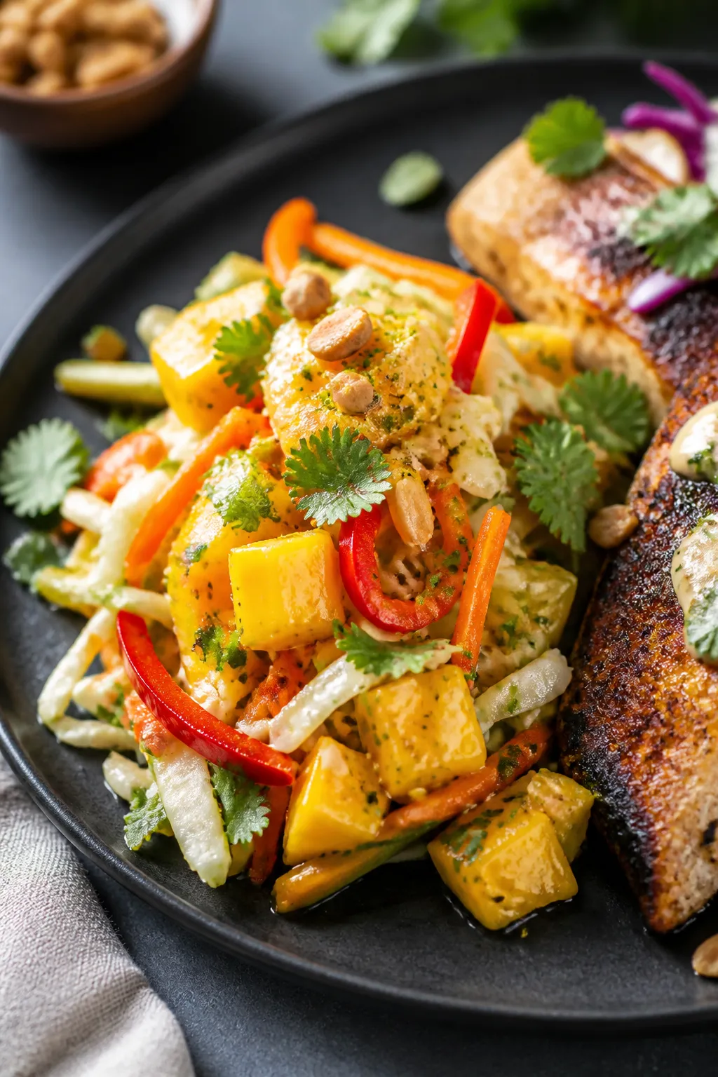 Close-up final plated Mango Slaw, : mounded on a matte charcoal plate beside grilled fish tacos sugg