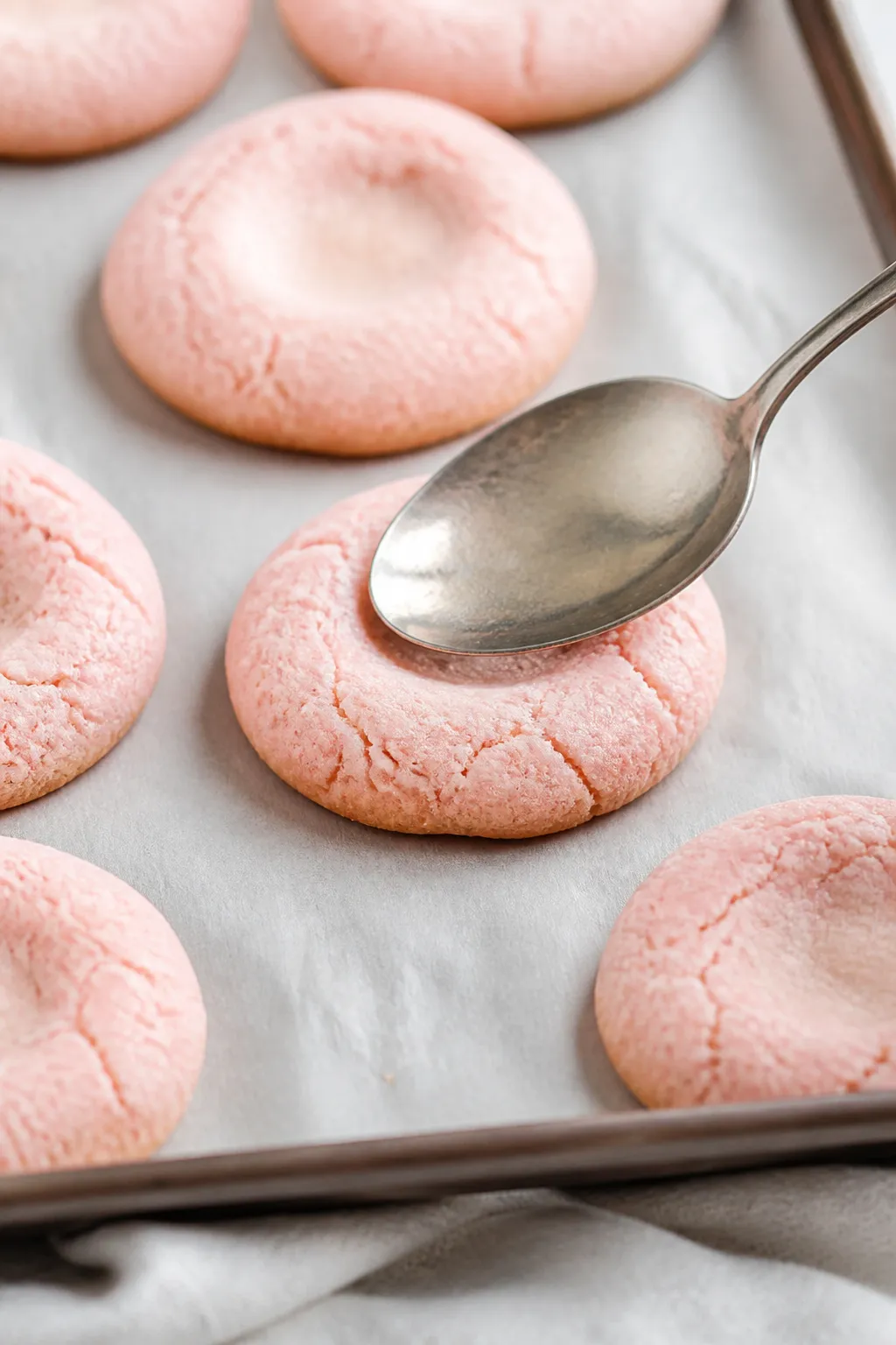 Close-up process shot: Freshly baked strawberry shortcake sugar cookies cooling on parchment, center